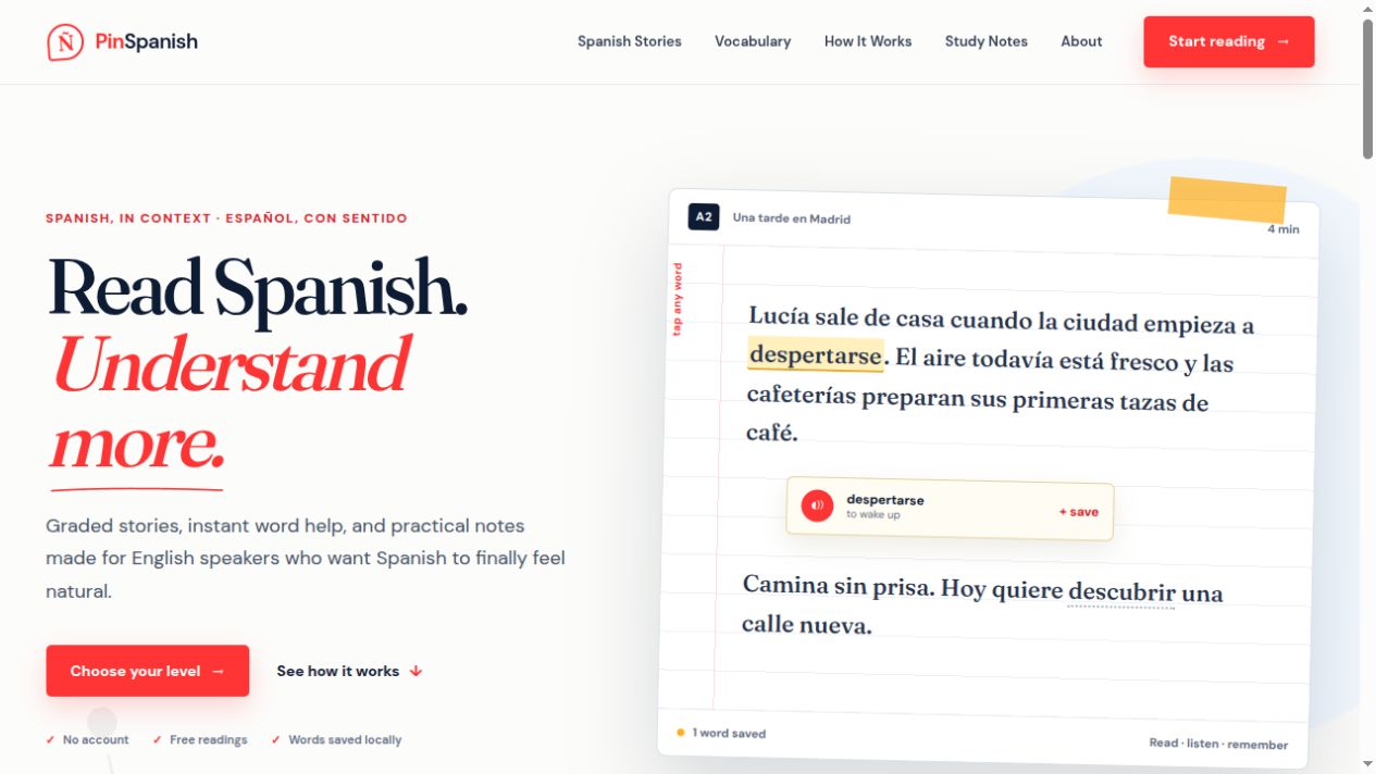 PinSpanish homepage showing an interactive Spanish reading with contextual help for the word despertarse